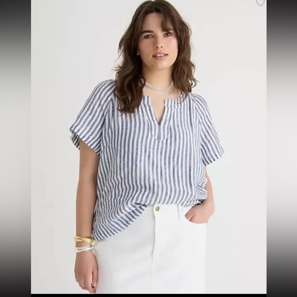 J Crew Womens Blue Stripe Flutter Short Sleeve V Neck Linen Blouse Top Size Smal